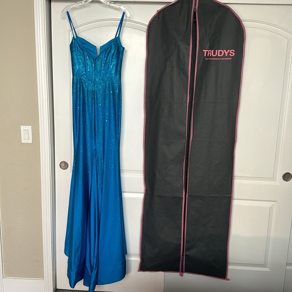 Peacock blue studded prom dress - Picture 2 of 8